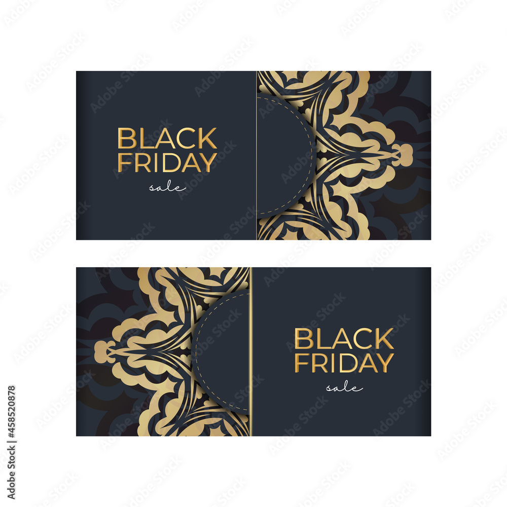 Advertising template for black friday in dark blue with vintage gold ornaments
