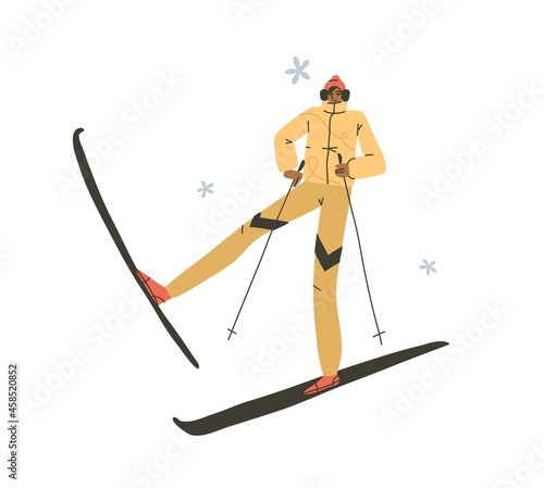 Hand drawn vector abstract flat stock modern graphic Happy New Year and Merry Christmas illustration cartoon character design,of young happy man in winter skier costume outdoor.