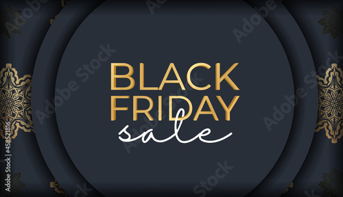 Black Friday advertising template in dark blue color with vintage gold pattern