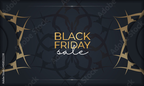 Black Friday poster template in dark blue color with vintage gold pattern