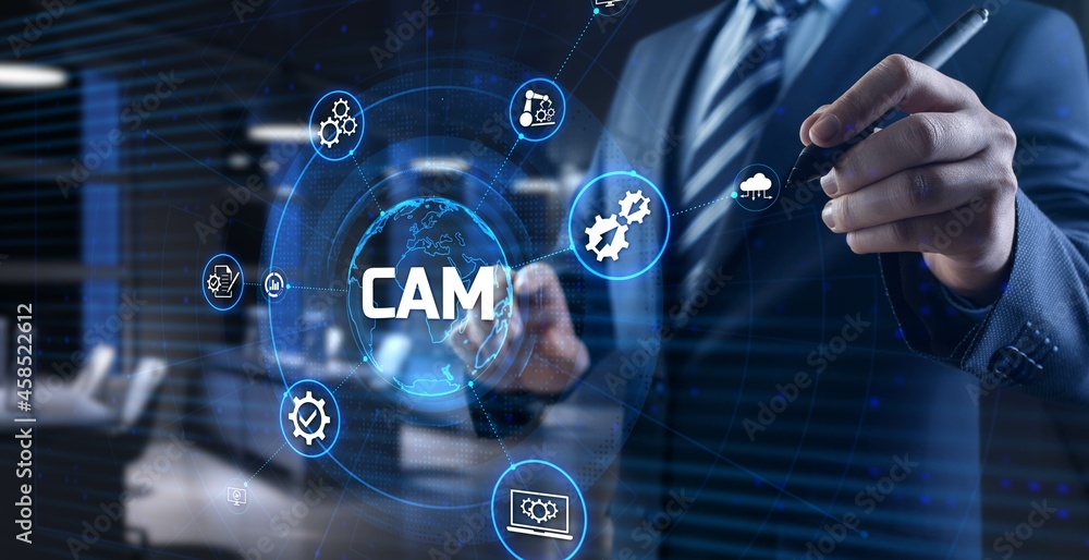 Fototapeta premium CAM Computer-aided manufacturing software system. Businessman pressing button on screen.