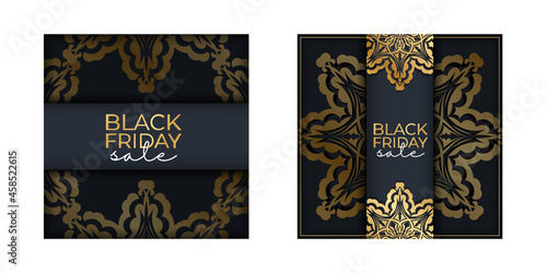 Dark blue black friday sale advertisement template with greek gold ornament