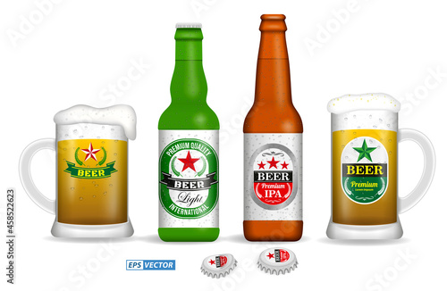 set of realistic beer glasses isolated or vertical close up beer full glass with bubble. eps vector