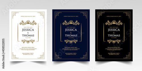 Black white and gold Vintage royal and luxury set of invitation card for wedding anniversary birthday party celebration floral swirl ornamental decorative vector printable template 