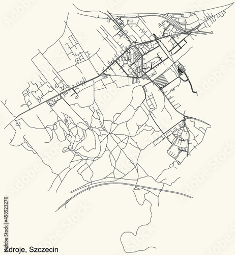 Detailed navigation urban street roads map on vintage beige background of the quarter Zdroje municipal neighborhood of the Polish regional capital city of Szczecin, Poland