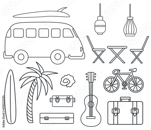 Set of isolated van life doodles. Campervan lifestyle illustrations.