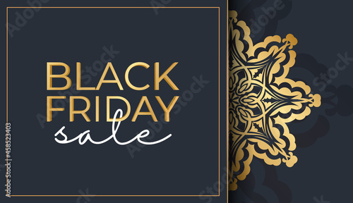 Dark Blue Black Friday Sale Baner Template with Round Gold Ornament