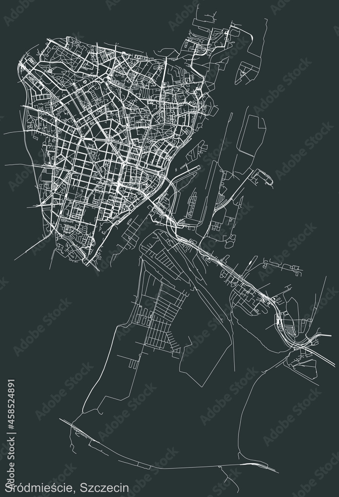 Detailed negative navigation urban street roads map on dark gray background of the quarter Śródmieście district of the Polish regional capital city of Szczecin, Poland Detailed negative navigation urban street roads map on dark gray background of the quarter Śródmieście district of the Polish regional capital city of Szczecin, Poland