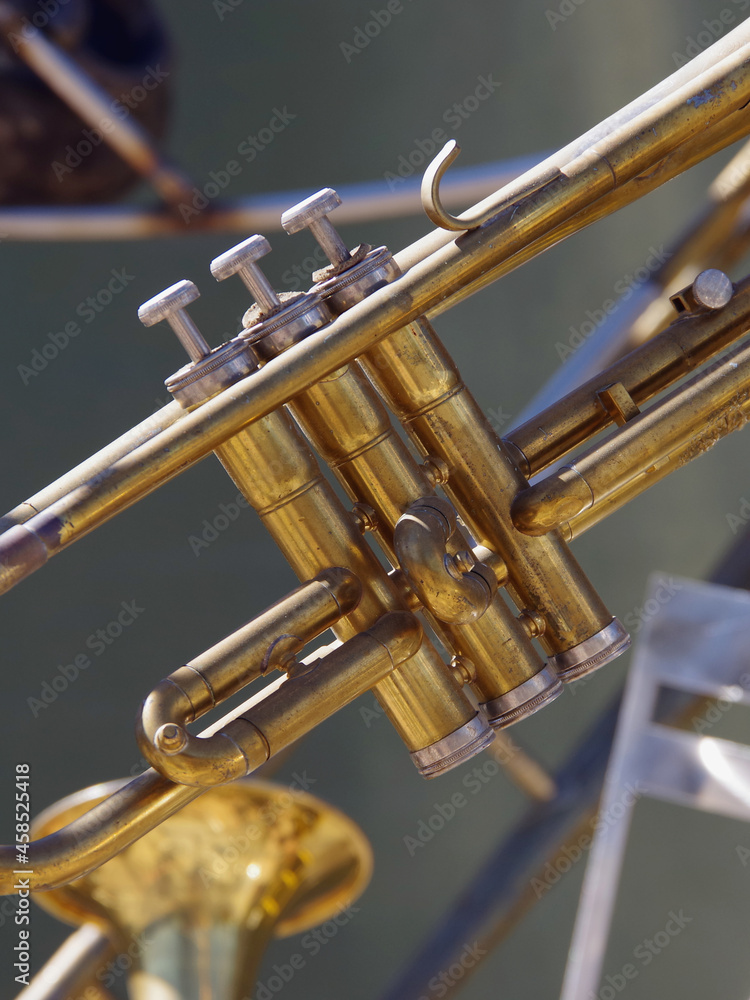 Obraz premium Close-up selective focus view of the valves keys of a brass trumpet