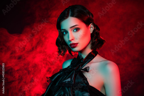 Photo of charming gorgeous woman wear red lipstick october party style wear vampire isolated on neon fog background