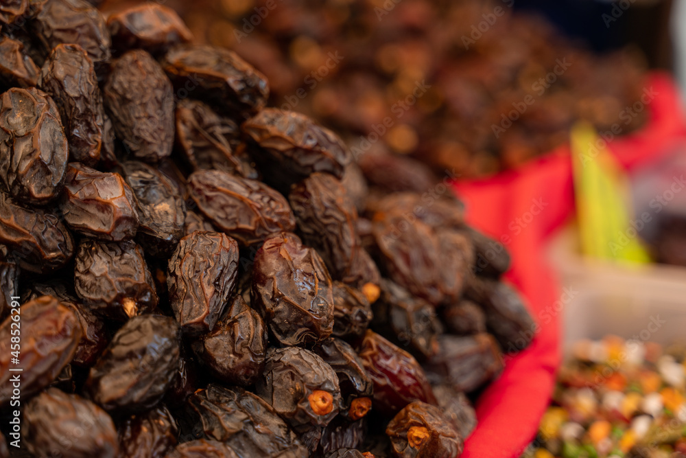 Dates on counter on Turkish market. Dried sweet dates. Dates on counter on Turkish market. Dried sweet dates.