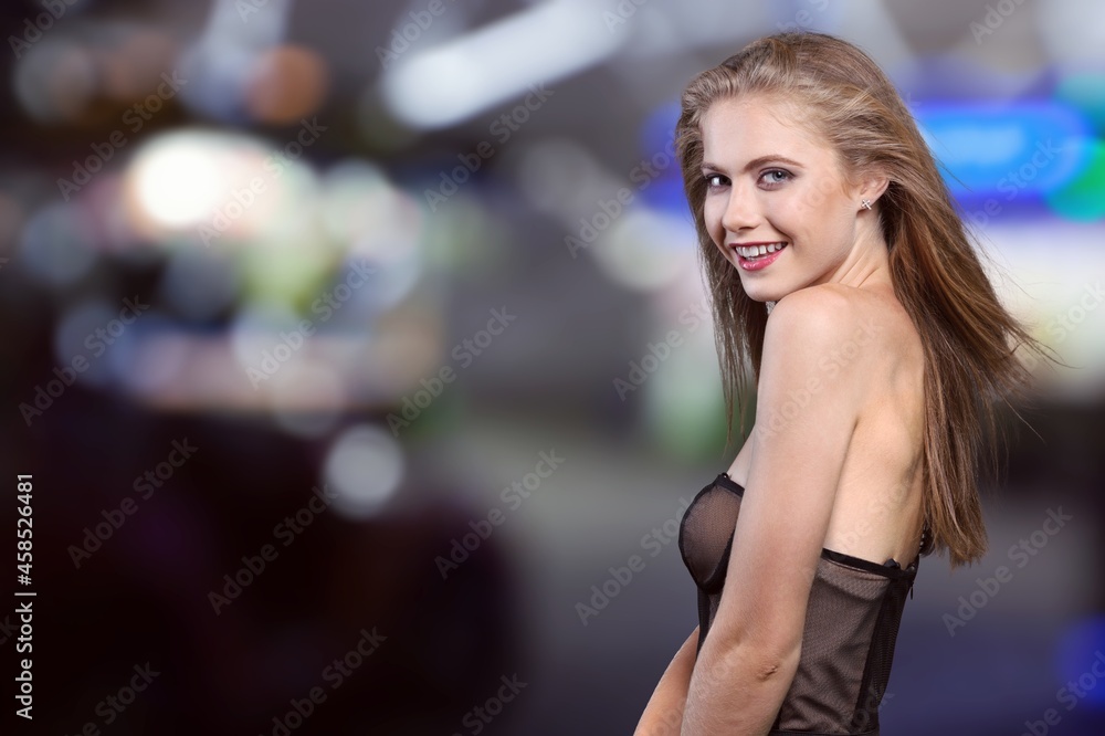 Portrait of young beautiful sexy woman slim fit body.