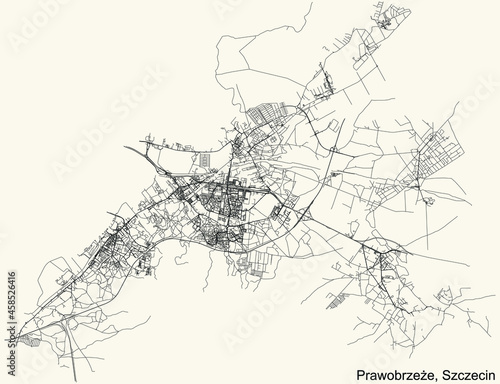 Detailed navigation urban street roads map on vintage beige background of the quarter Prawobrzeże district of the Polish regional capital city of Szczecin, Poland