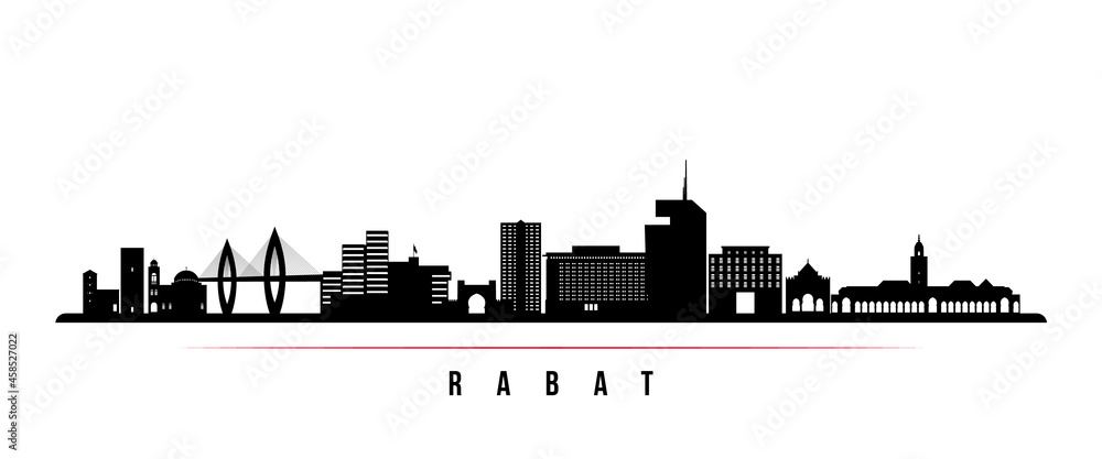 Rabat skyline horizontal banner. Black and white silhouette of Rabat, Morocco. Vector template for your design.