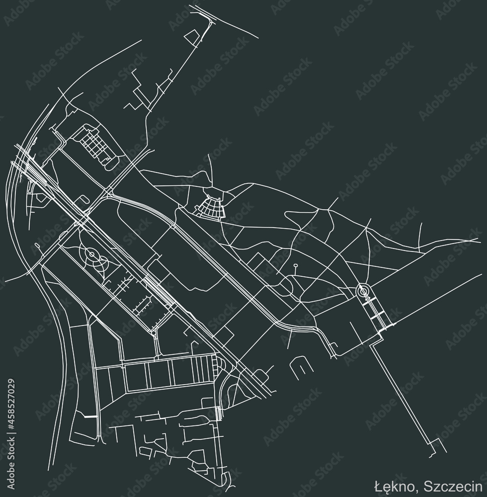 Detailed negative navigation urban street roads map on dark gray background of the quarter Łękno municipal neighborhood of the Polish regional capital city of Szczecin, Poland