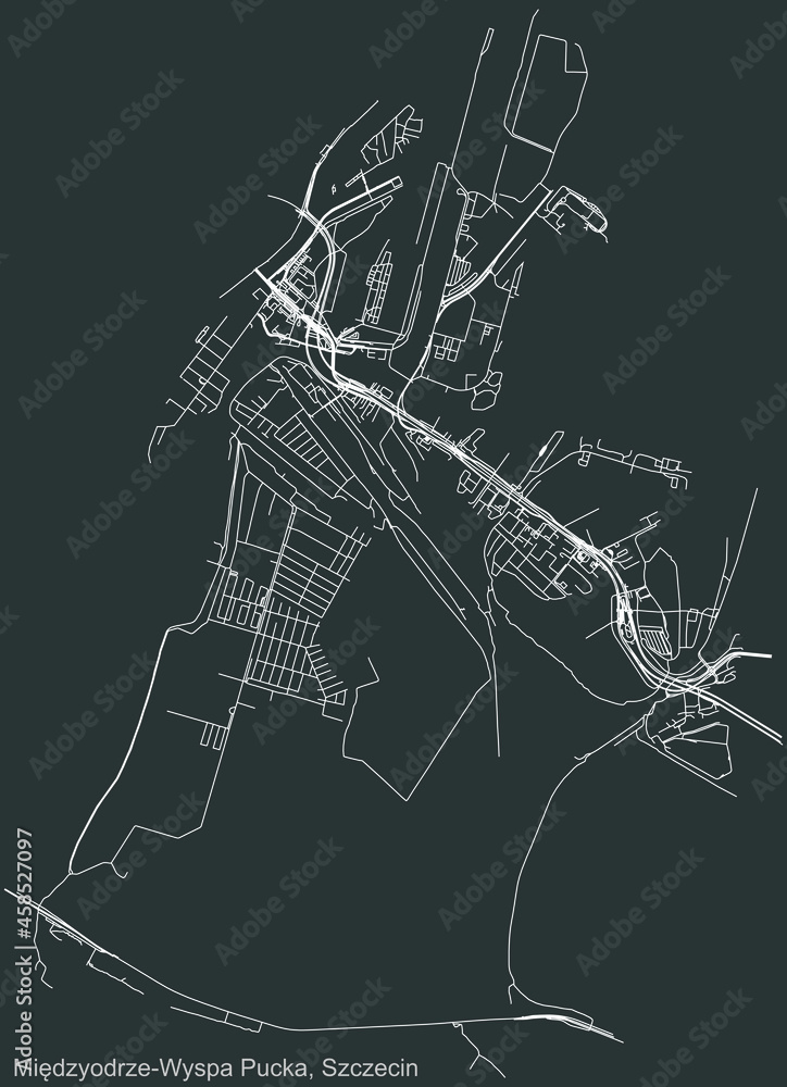 Detailed negative navigation urban street roads map on dark gray background of the quarter Międzyodrze-Wyspa Pucka municipal neighborhood of the Polish regional capital city of Szczecin, Poland