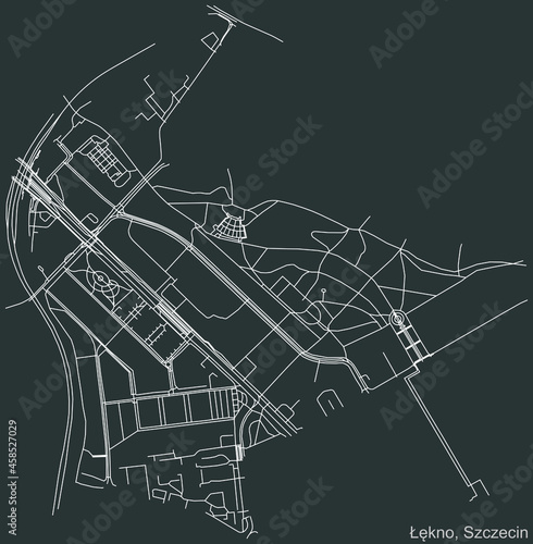 Detailed negative navigation urban street roads map on dark gray background of the quarter Łękno municipal neighborhood of the Polish regional capital city of Szczecin, Poland