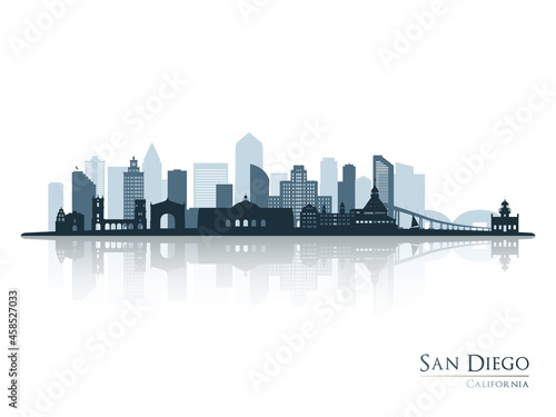 San Diego skyline silhouette with reflection. Landscape San Diego, California. Vector illustration.