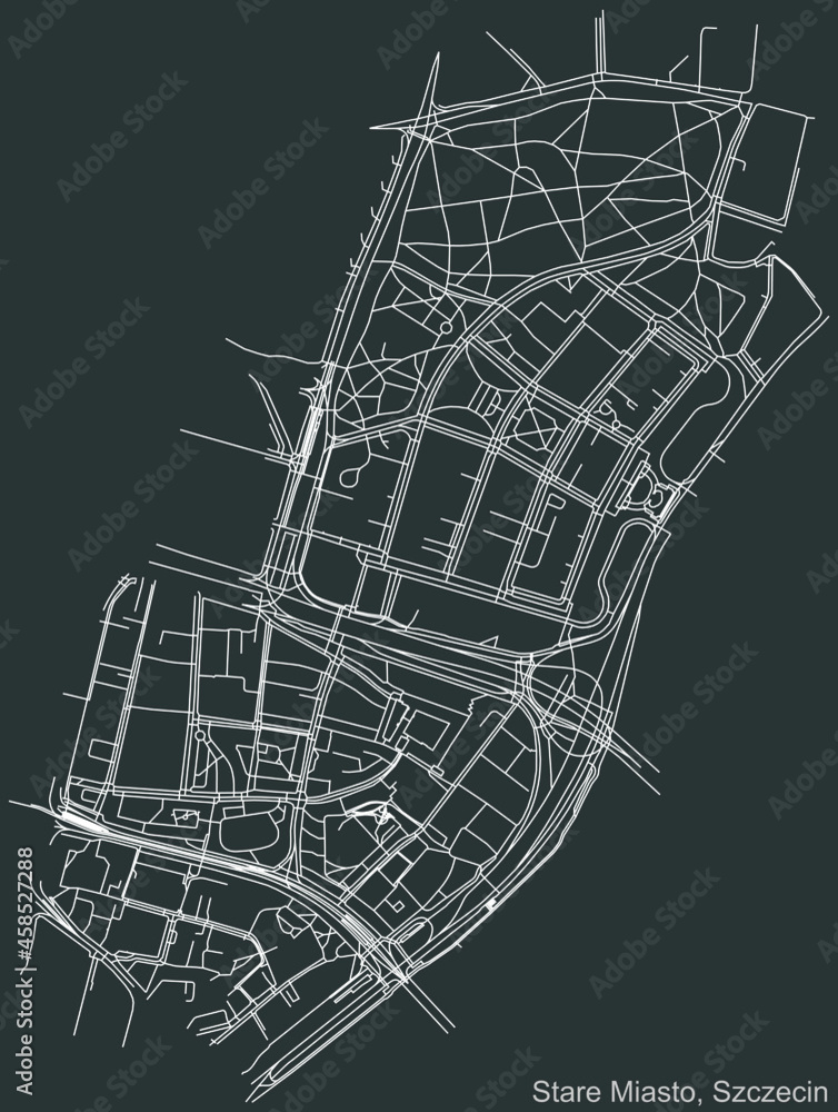 Detailed negative navigation urban street roads map on dark gray background of the quarter Stare Miasto municipal neighborhood of the Polish regional capital city of Szczecin, Poland