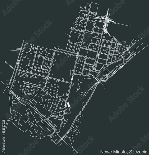 Detailed negative navigation urban street roads map on dark gray background of the quarter Nowe Miasto municipal neighborhood of the Polish regional capital city of Szczecin, Poland