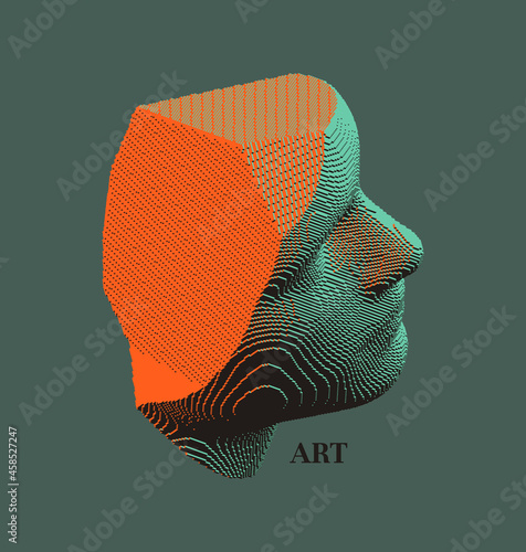 Mannequin's head in profile. Side view. Plaster face or sculpture. Futuristic technology concept. Technology and robotics concept. Voxel art. 3D vector illustration.