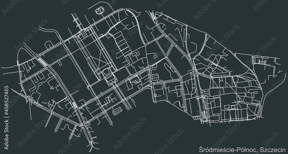 Detailed negative navigation urban street roads map on dark gray background of the quarter Śródmieście-Północ municipal neighborhood of the Polish regional capital city of Szczecin, Poland