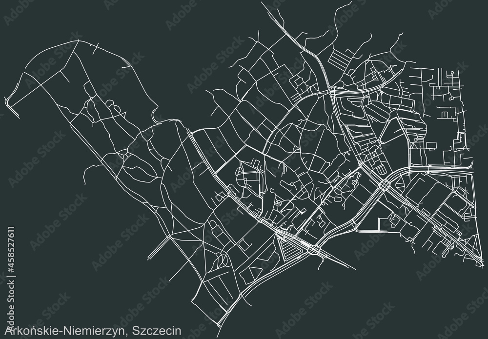 Detailed negative navigation urban street roads map on dark gray background of the quarter Arkońskie-Niemierzyn municipal neighborhood of the Polish regional capital city of Szczecin, Poland