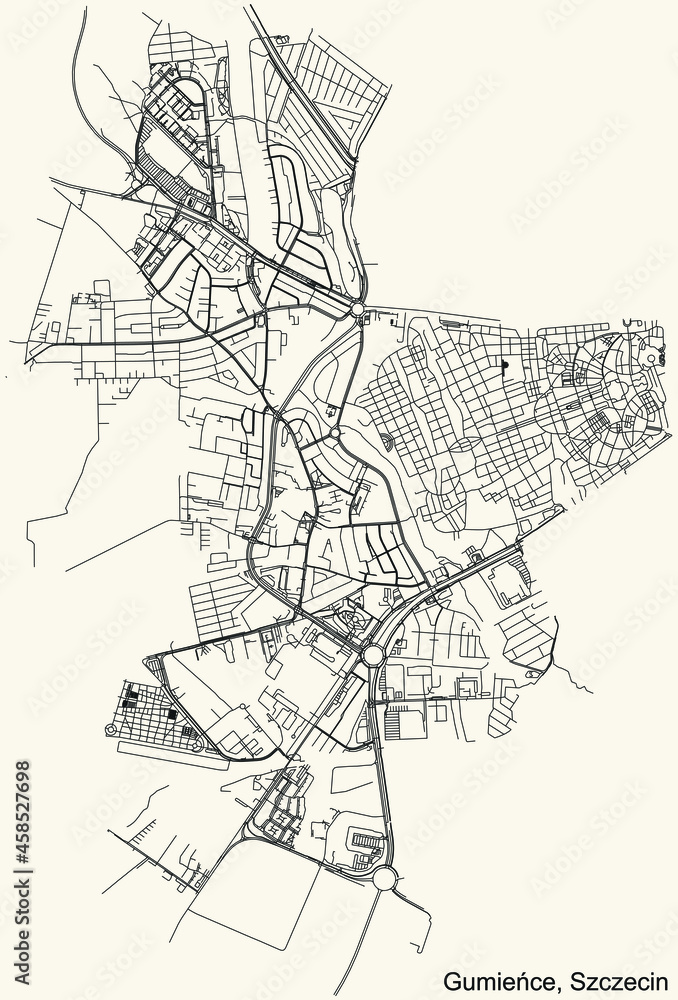 Detailed navigation urban street roads map on vintage beige background of the quarter Gumieńce municipal neighborhood of the Polish regional capital city of Szczecin, Poland