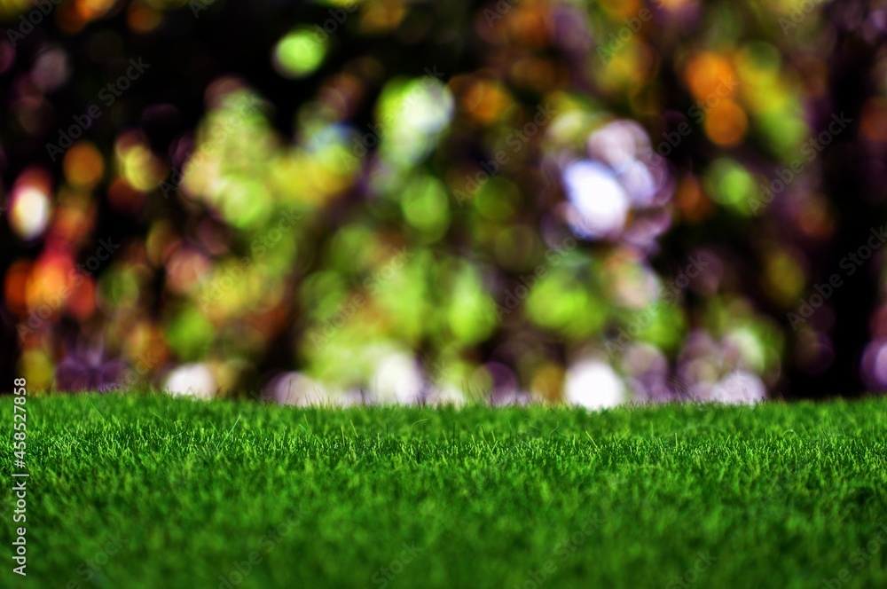 Green artificial grass on natural daylight bokeh blur background