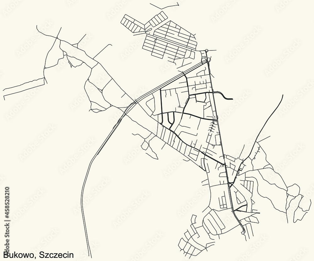 Detailed navigation urban street roads map on vintage beige background of the quarter Bukowo municipal neighborhood of the Polish regional capital city of Szczecin, Poland