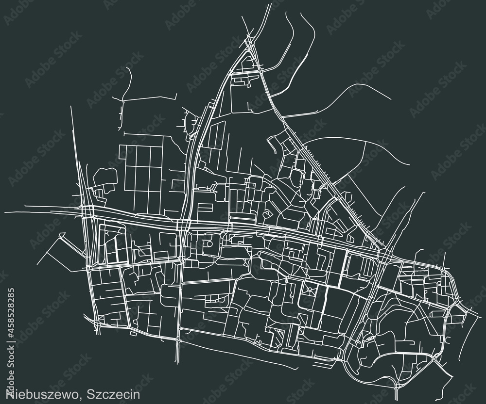 Detailed negative navigation urban street roads map on dark gray background of the quarter Niebuszewo municipal neighborhood of the Polish regional capital city of Szczecin, Poland Detailed negative navigation urban street roads map on dark gray background of the quarter Niebuszewo municipal neighborhood of the Polish regional capital city of Szczecin, Poland