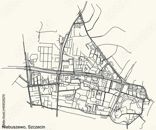Detailed navigation urban street roads map on vintage beige background of the quarter Niebuszewo municipal neighborhood of the Polish regional capital city of Szczecin, Poland