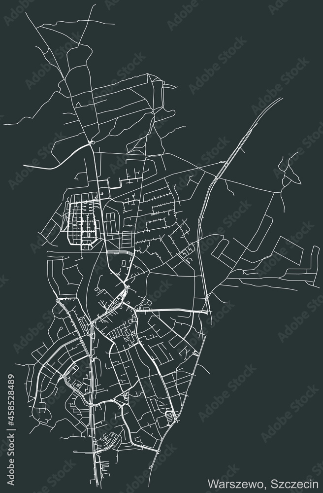 Detailed negative navigation urban street roads map on dark gray background of the quarter Warszewo municipal neighborhood of the Polish regional capital city of Szczecin, Poland