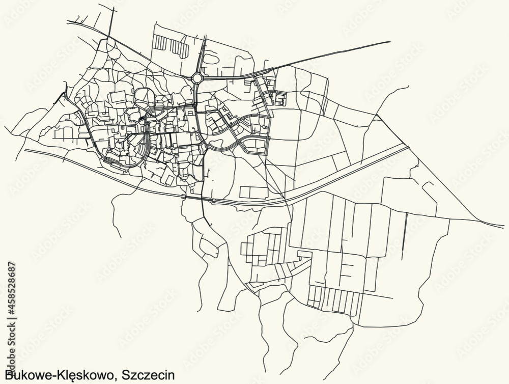 Detailed navigation urban street roads map on vintage beige background of the quarter Bukowe-Klęskowo municipal neighborhood of the Polish regional capital city of Szczecin, Poland