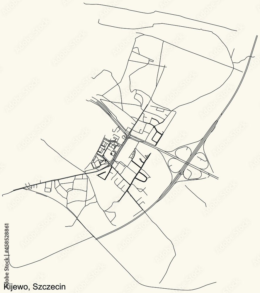 Detailed navigation urban street roads map on vintage beige background of the quarter Kijewo municipal neighborhood of the Polish regional capital city of Szczecin, Poland