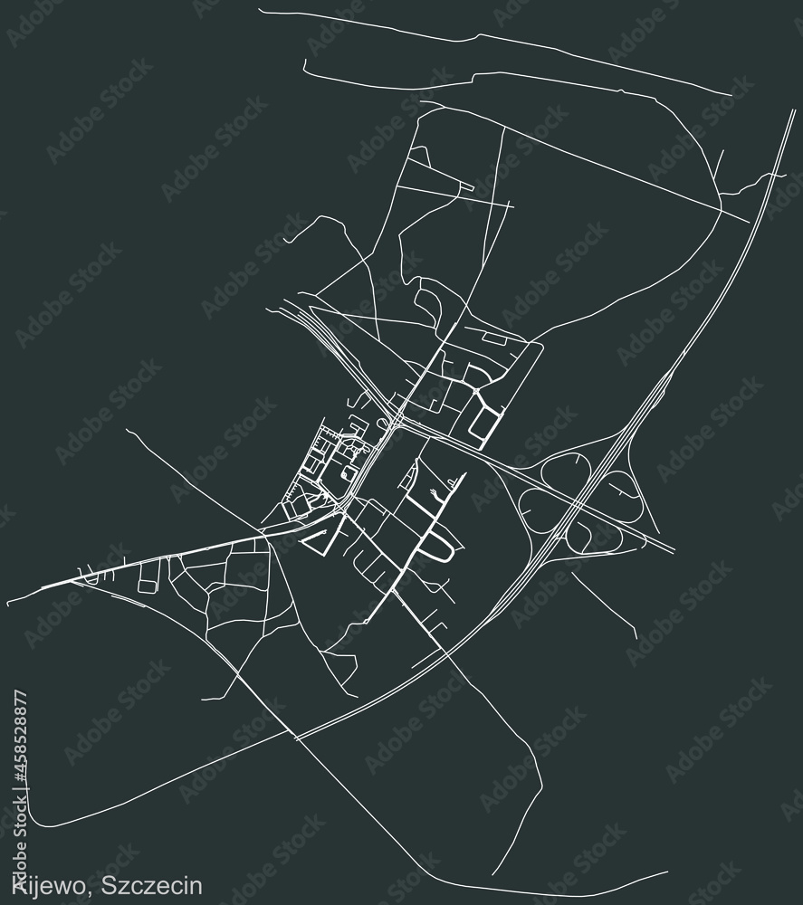 Detailed negative navigation urban street roads map on dark gray background of the quarter Kijewo municipal neighborhood of the Polish regional capital city of Szczecin, Poland