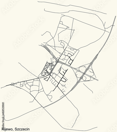 Detailed navigation urban street roads map on vintage beige background of the quarter Kijewo municipal neighborhood of the Polish regional capital city of Szczecin, Poland