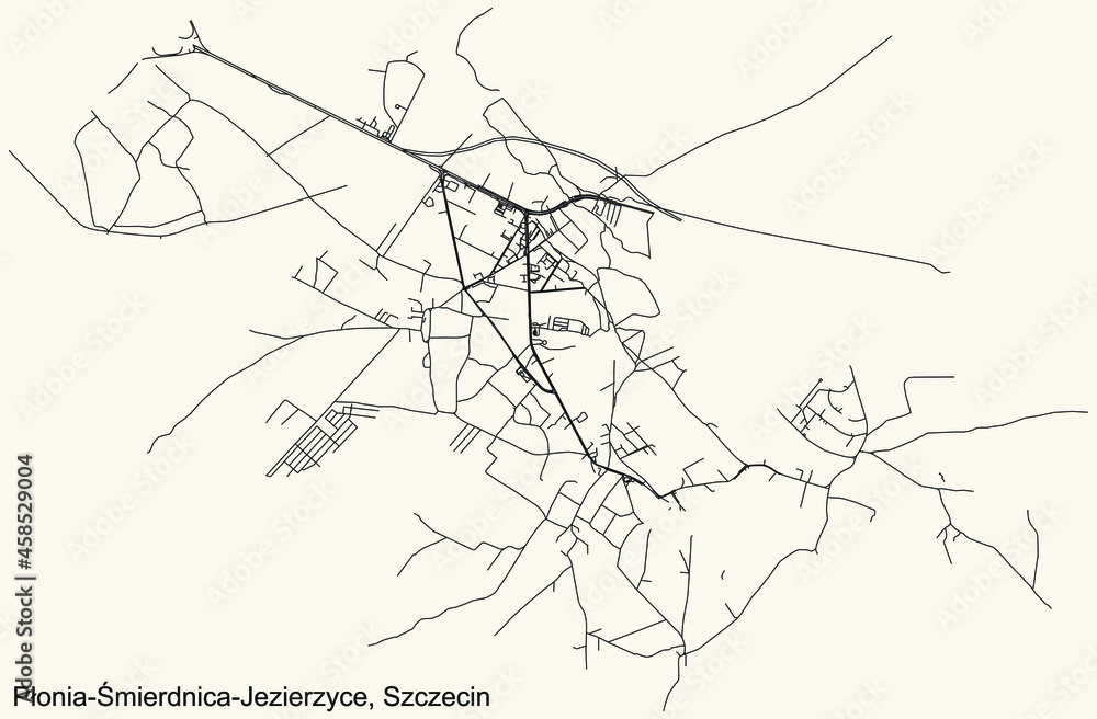 Detailed navigation urban street roads map on vintage beige background of the quarter Płonia-Śmierdnica-Jezierzyce municipal neighborhood of the Polish regional capital city of Szczecin, Poland