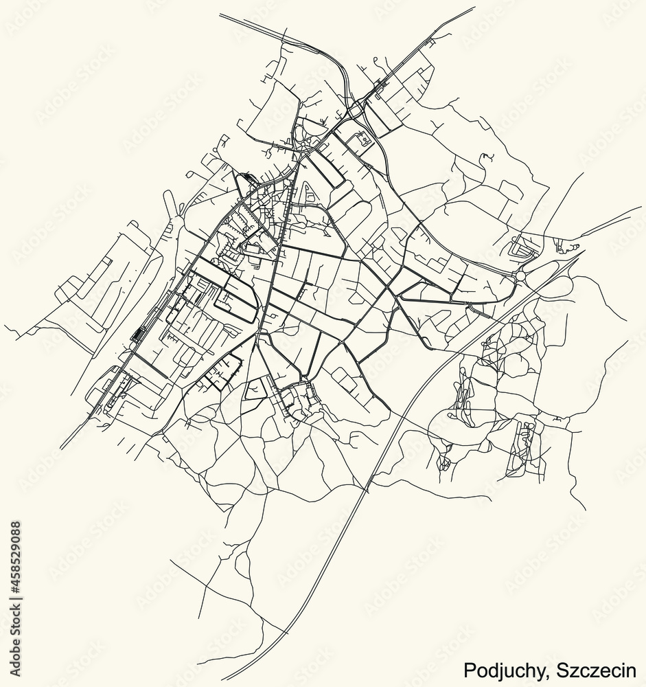 Detailed navigation urban street roads map on vintage beige background of the quarter Podjuchy municipal neighborhood of the Polish regional capital city of Szczecin, Poland