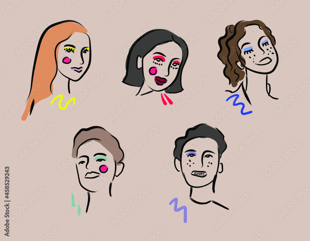 Group portrait of smiling teenage boys and girls or school friends standing together, hugging each other, waving hands. Abstract, flat, cartoon, trendy vector illustration. Group portrait of smiling teenage boys and girls or school friends standing together, hugging each other, waving hands. Abstract, flat, cartoon, trendy vector illustration.