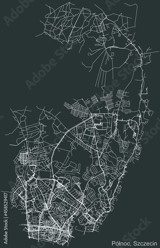 Detailed negative navigation urban street roads map on dark gray background of the quarter Północ district of the Polish regional capital city of Szczecin, Poland