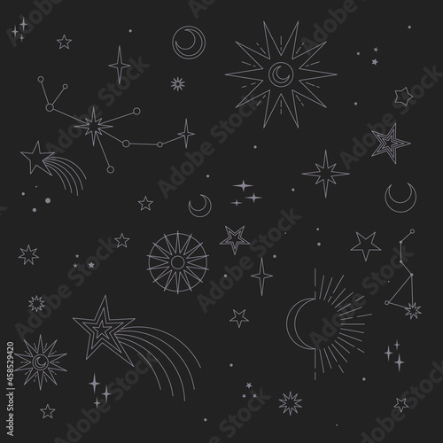 Astral elements vector design. Cosmic, celestial background. Stars, planets, sun, cosmos linear icons.