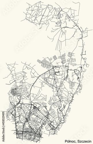 Detailed navigation urban street roads map on vintage beige background of the quarter Północ district of the Polish regional capital city of Szczecin, Poland