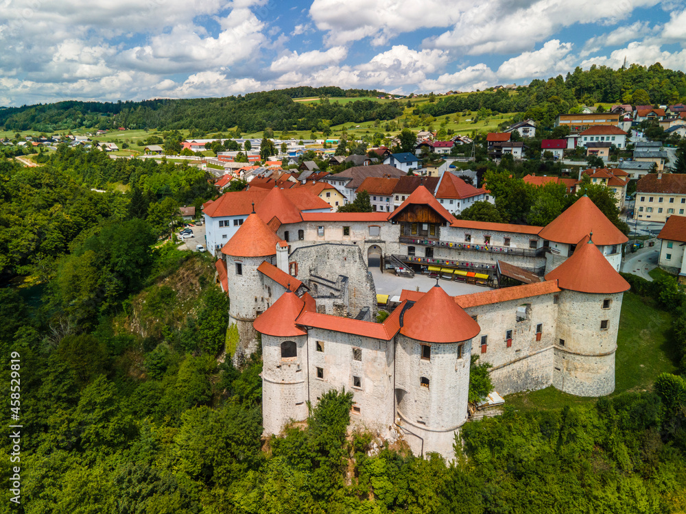 Zuzemberk Castle and Town in Summer, Slovenia. Aerial Drone View