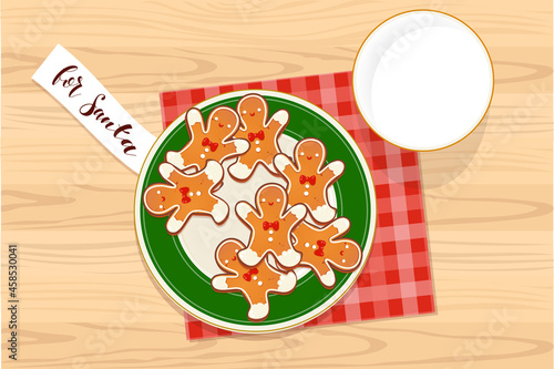 Plate with gingerbread Christmas cookies and glass of milk with note for Santa Claus. Top view vector illustration for new year and winter holiday design.