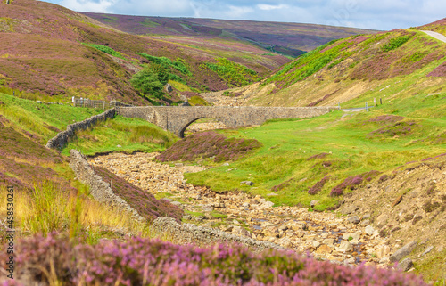 Surrender Bridge, Mill Gill, or Old Gang Beck near Reeth in a remote area of Swaledale during  August when the purple heather is in full bloom.  Horizontal.  Space for copy. photo