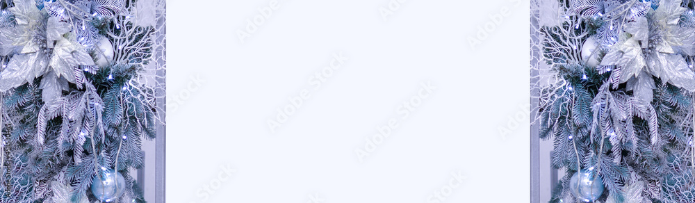 Christmas background with fir tree, festive Christmas toy,balls, decorative New Year flower, ornaments.Banner. Copy space for text.Empty space for your advertisement Christmas background with fir tree, festive Christmas toy,balls, decorative New Year flower, ornaments.Banner. Copy space for text.Empty space for your advertisement