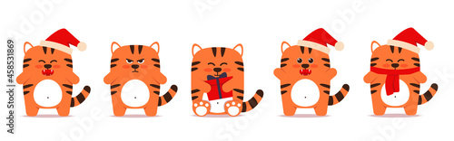 Cute little tigers cats in a flat style. The symbol of the Chinese New Year 2022. An animal with a Christmas cap, with a gift in a box. Angry sullen orange tiger sits and stands. Vector illustration.