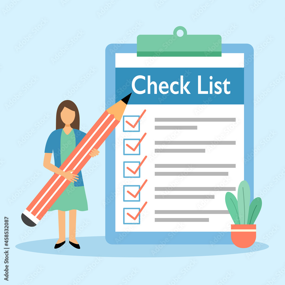 Woman holding giant pencil and working on check list in flat design. Woman holding giant pencil and working on check list in flat design.