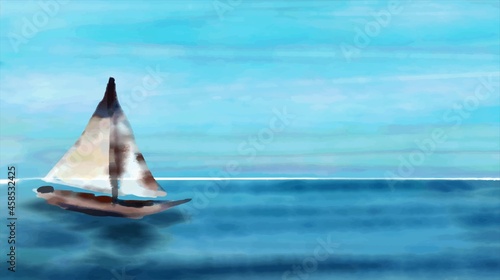 Vector illustration of tropical beach in daytime. Hand painted watercolor background.